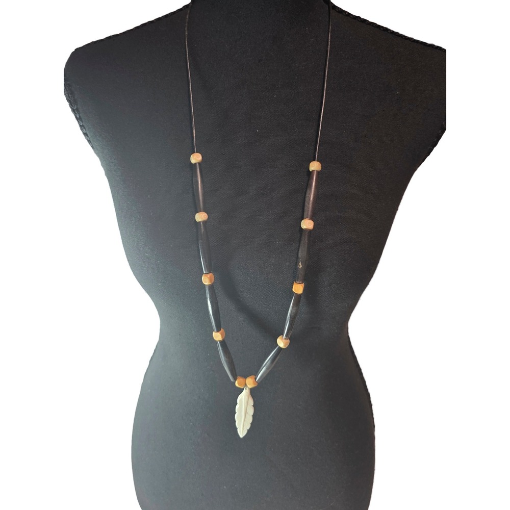 Boho Horn and Wood Bead Necklace with Carved Feather Pendant Southwestern Style